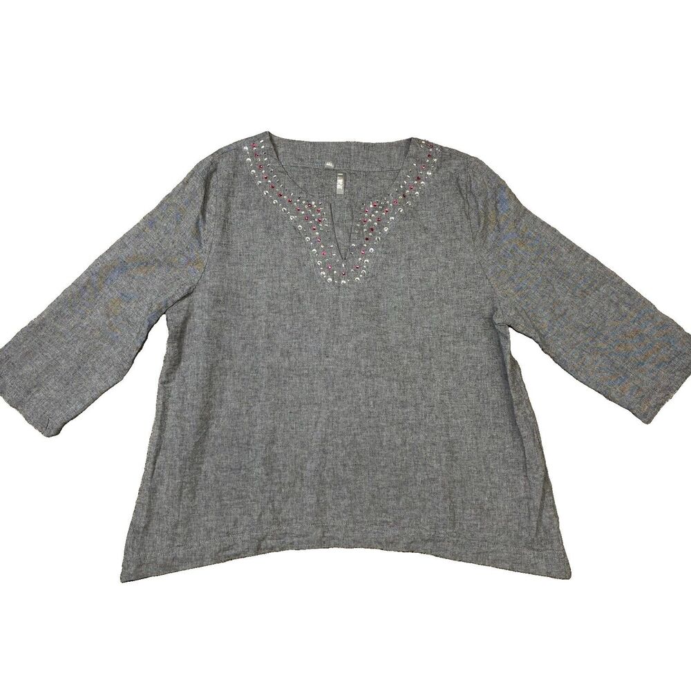 Silverwear Rhinestone Embellished V Neck Linen Blend Tunic Gray 3/4 Sleeve Shirt